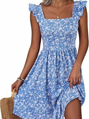 Loemes Blue Floral Square-Neck Sundress